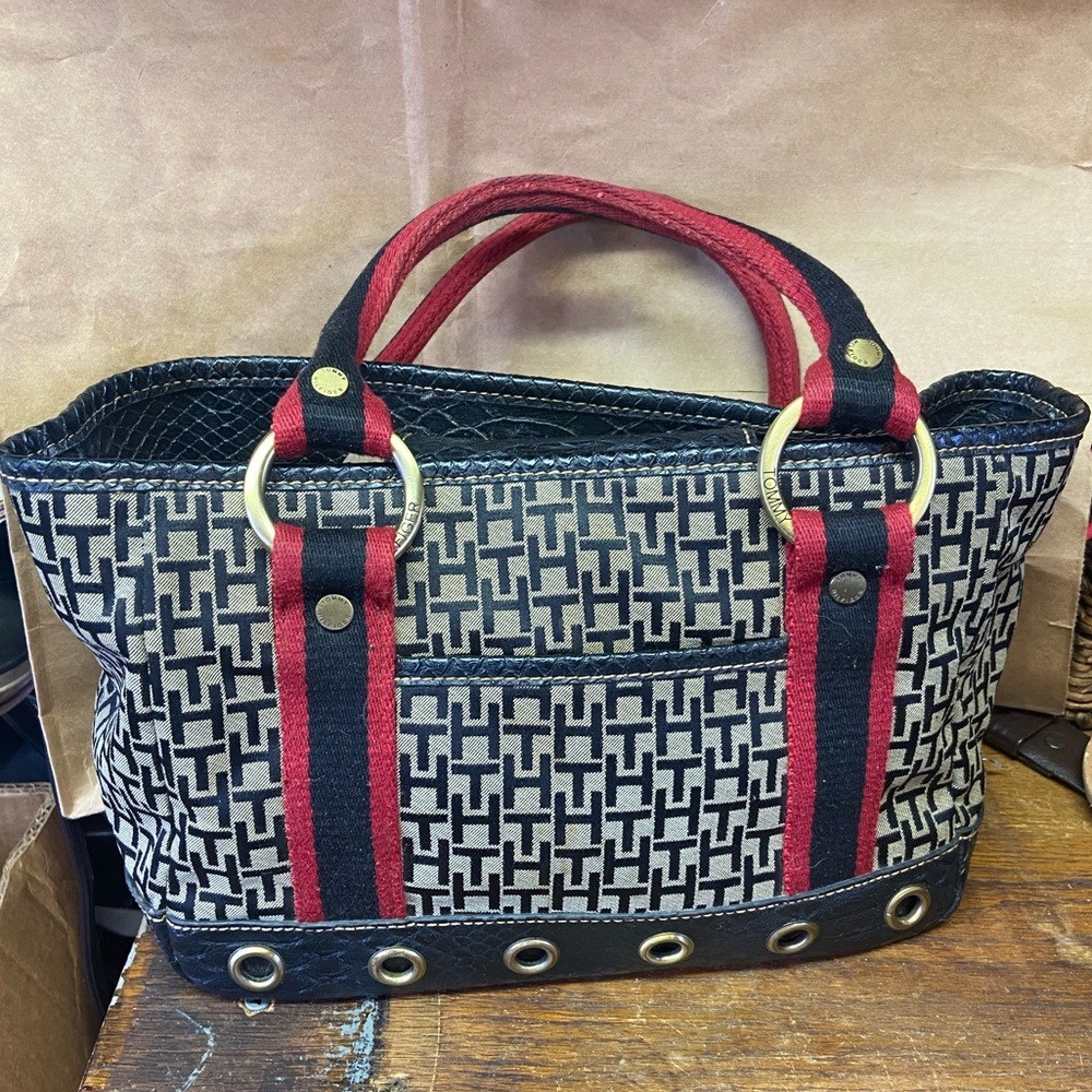 Vintage Tommy Hilfiger th monogram canvas cloth Y2k 2000s handbag purse bag - Picture 1 of 7